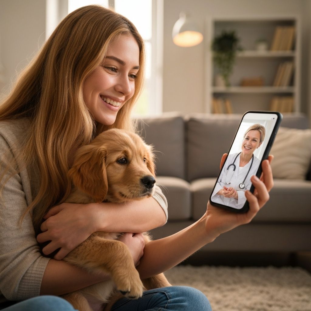 Pet owner with cute dog on video consultation